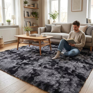 Tie Dye Dark Grey Shaggy Area Rug — Long Pile Plush Carpet for Bedroom Living Room
