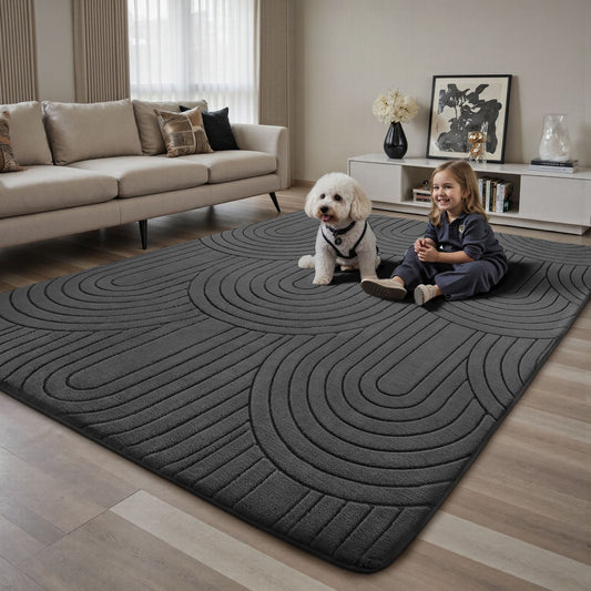 Carved Wavy Line Area Rug Dark Grey — Soft Anti Slip Carpet for Living Room