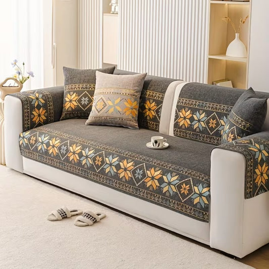 Bohemian Snowflake Embroidery Sofa Cover | Thick Plush Non-Slip Couch Slipcover | Pet-Friendly Furniture Protector