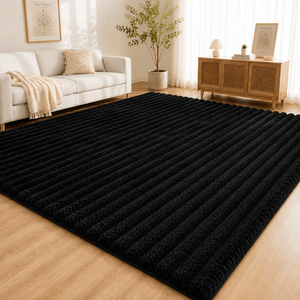 Premium Fluffy Striped Rug - Soft Anti Slip Carpet for Living Room