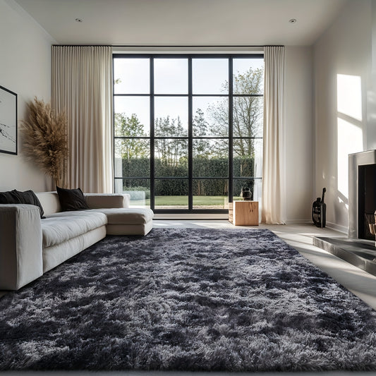 Tie Dye Dark Grey Shaggy Area Rug — Long Pile Plush Carpet for Bedroom Living Room