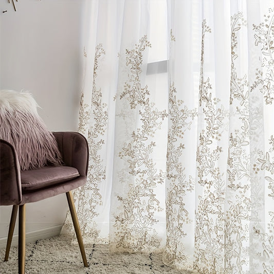 Gold Embroidered Sheer Curtains, Floral Voile, Rod Pocket