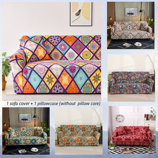 Bohemian Mandala Print Stretch Sofa Cover — Elastic Couch Slipcover with Pillowcase