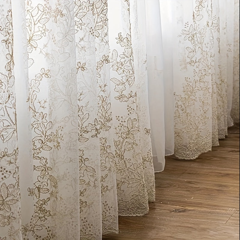 Gold Embroidered Sheer Curtains, Floral Voile, Rod Pocket