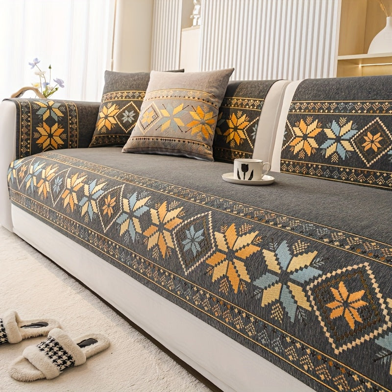 Bohemian Snowflake Embroidery Sofa Cover | Thick Plush Non-Slip Couch Slipcover | Pet-Friendly Furniture Protector