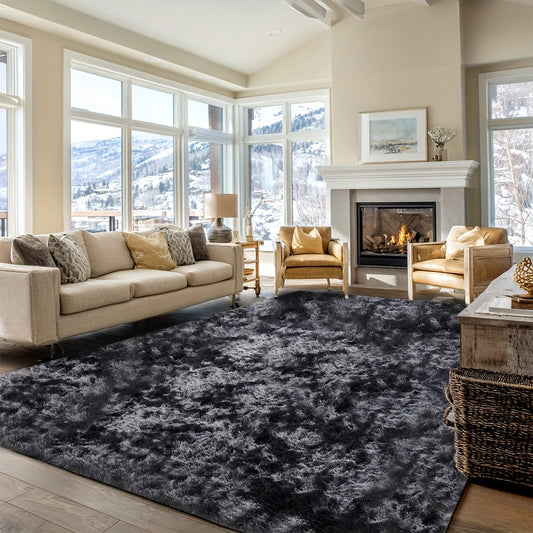 Tie Dye Dark Grey Shaggy Area Rug — Long Pile Plush Carpet for Bedroom Living Room