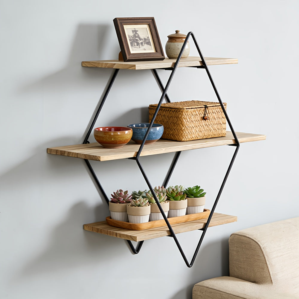 3-Tier Geometric Diamond Wall Shelf, Wood and Black Metal
