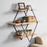 3-Tier Geometric Diamond Wall Shelf, Wood and Black Metal