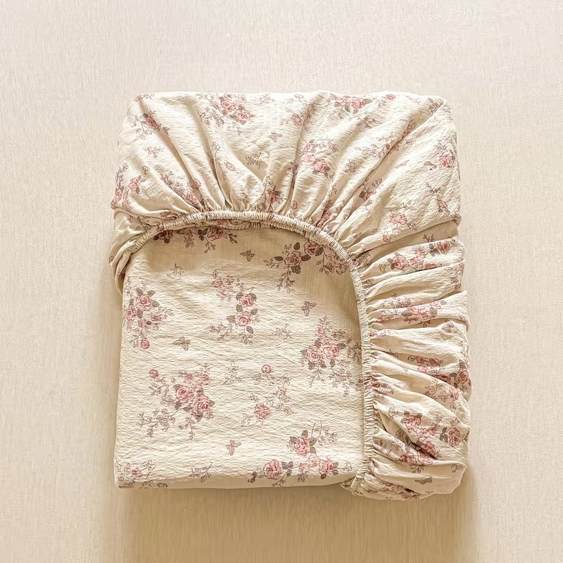 Double Layer Gauze Fitted Sheet Floral Print — Breathable Mattress Cover for Bedroom