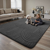 Carved Wavy Line Area Rug Dark Grey — Soft Anti Slip Carpet for Living Room