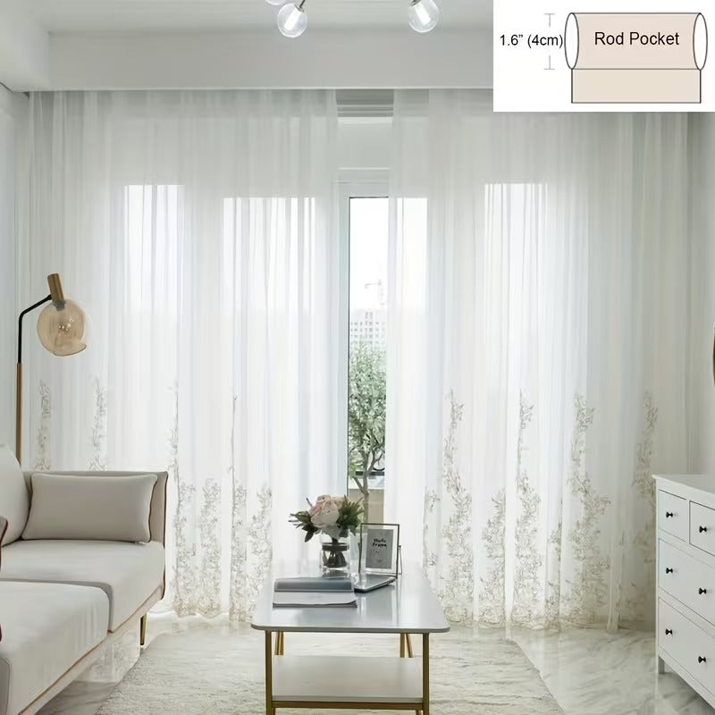 Gold Embroidered Sheer Curtains, Floral Voile, Rod Pocket