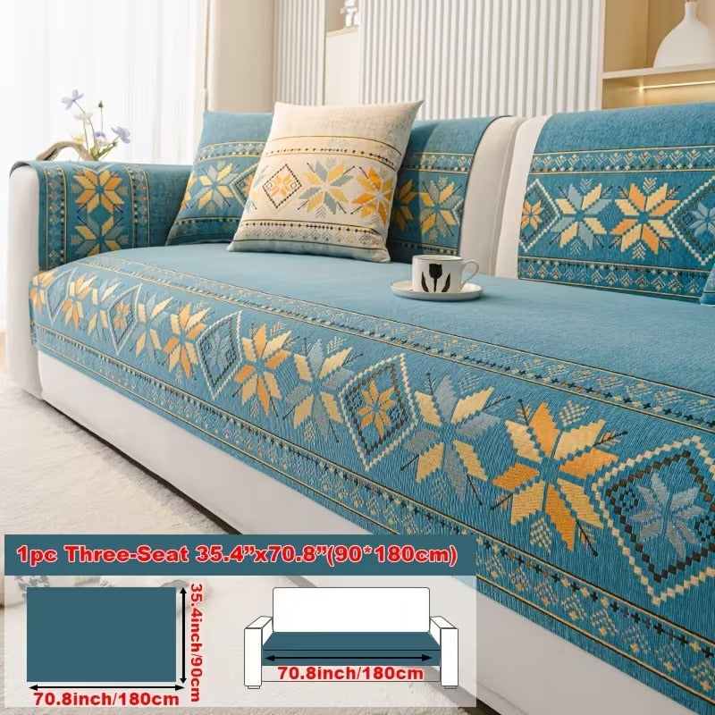 Bohemian Snowflake Embroidery Sofa Cover | Thick Plush Non-Slip Couch Slipcover | Pet-Friendly Furniture Protector
