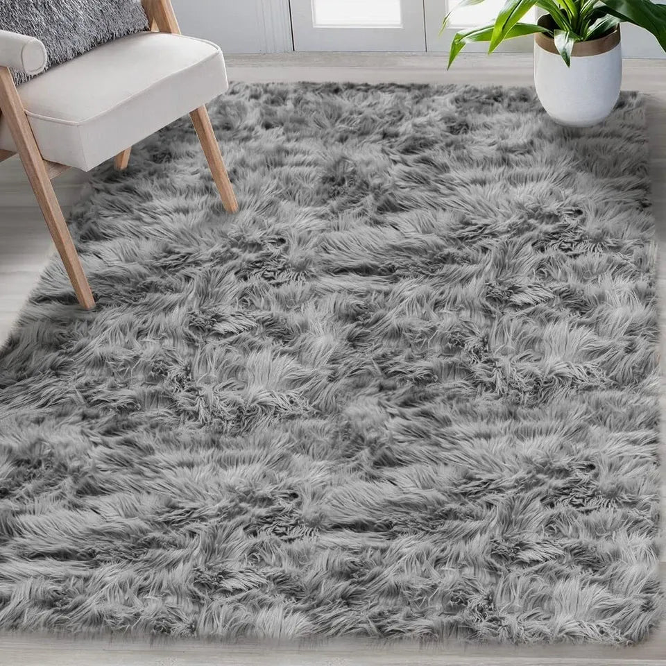 Fluffy Shaggy Area Rug Grey Anti Slip — Soft Carpet Floor Mat for Bedroom Living Room